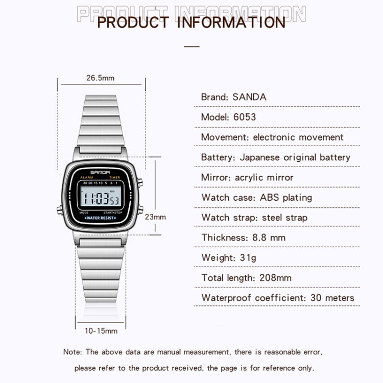 SANDA 6053 Square LED Digital Display Dial Running Seconds Alarm Clock Electronic Watch for Women
